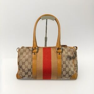 GUCCI Mini Boston Bag Shoulder Bag Canvas Beige Sherry Line Authentic Ladies0037